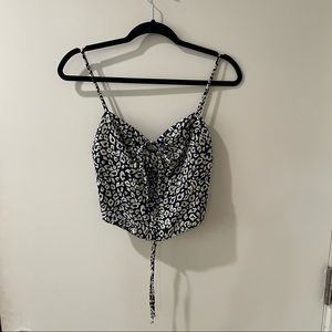 JOA Sleeveless (Spaghetti Strap) Tie Crop Top with Smocked Back, Navy Animal, XS